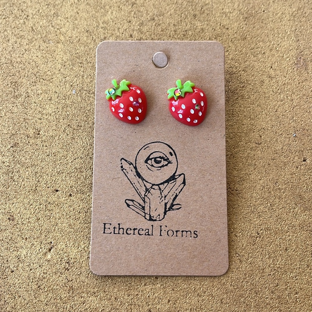Strawberry post earrings with green and pink rhinestones